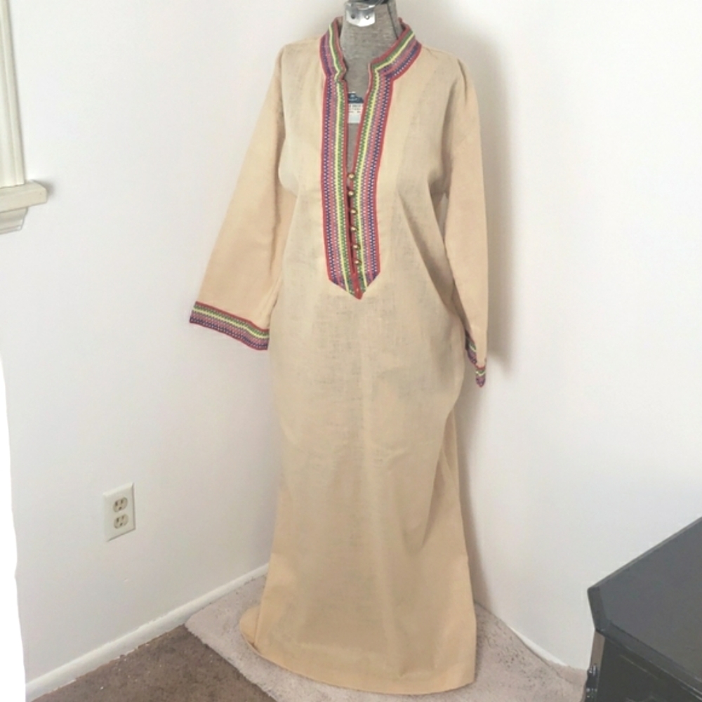 Vintage 1970s Sears Rainbow Embroidered Kaftan Housedress - Picture 2 of 8